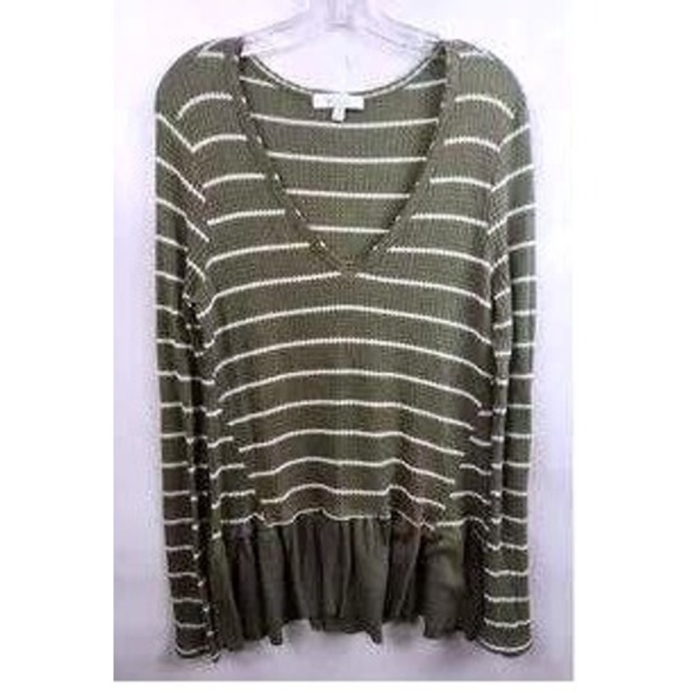 Anthropologie eri + ali Thermal Peplum Top Womens Large Green Stripe Long Sleeve